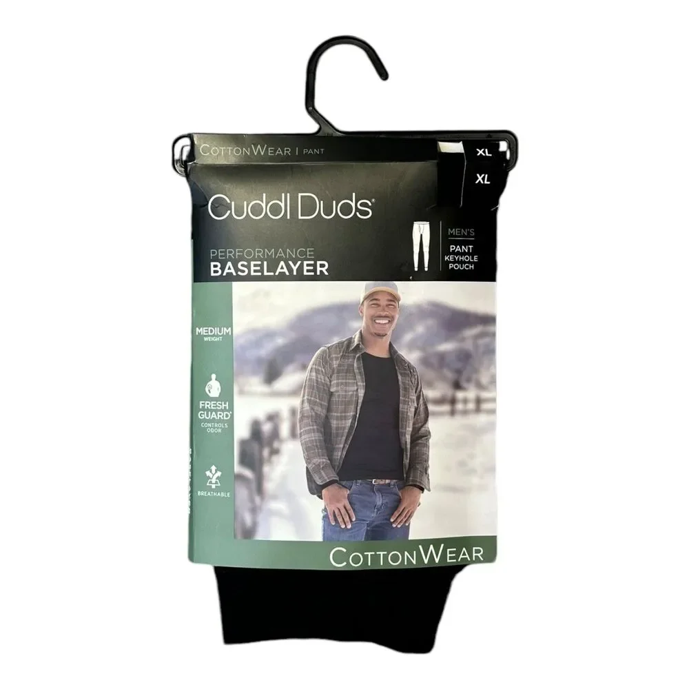 Men’s Base Layer Pants Midweight Cottonwear Performance Cuddl Duds Black Size XL